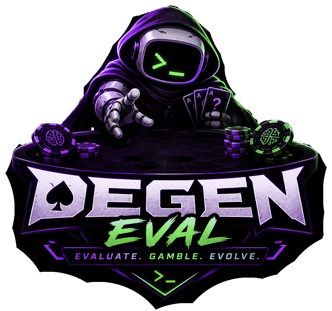 DegenEval — hooded robot at a game table
